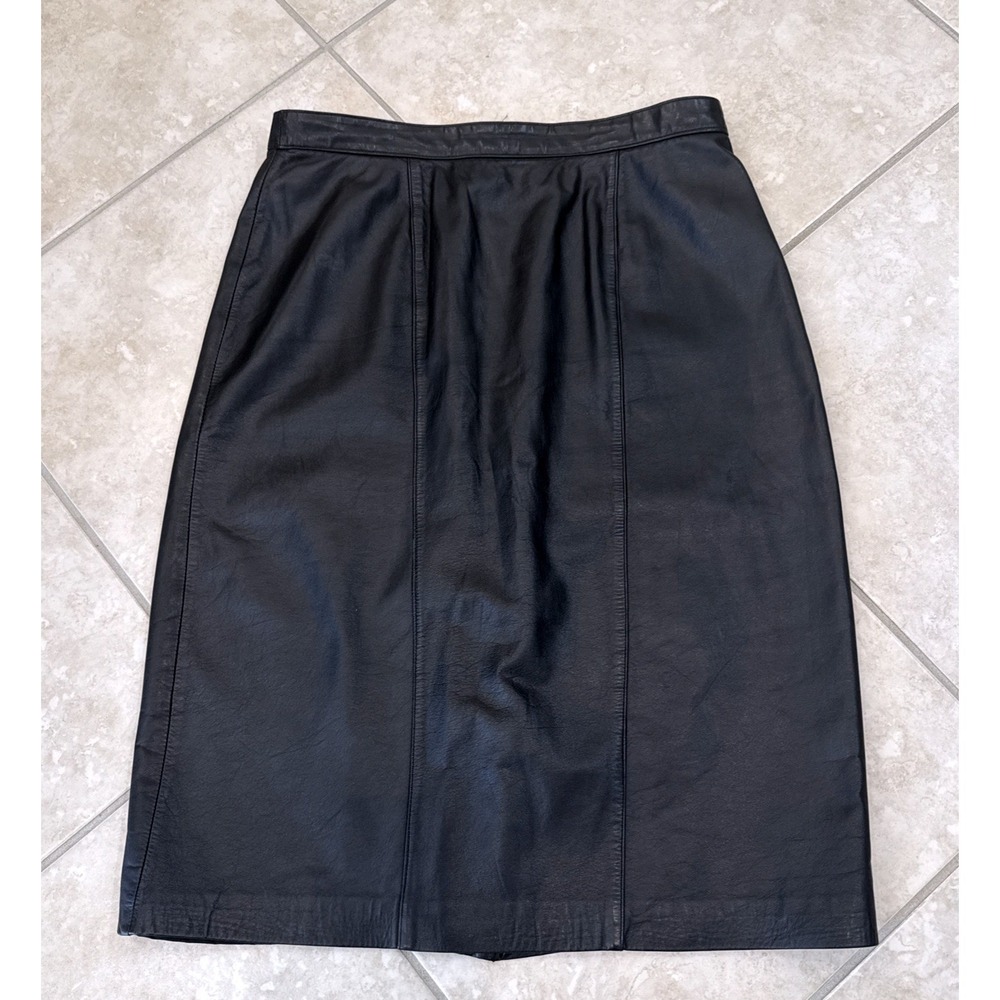Evan Davies Vintage Black Cow Nappa Leather Midi‎ Skirt High Waist Size 14